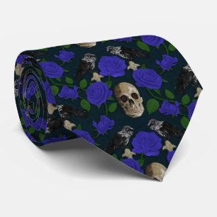 Dark Gothic Grungy Rose Vines Raven Skull blue Tie