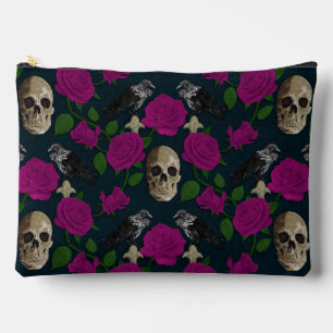 Dark Gothic Grungy Rose Vines Raven Skull pink Accessory Pouch