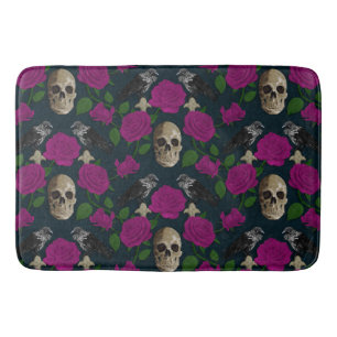 Dark Gothic Grungy Rose Vines Raven Skull pink Bath Mat
