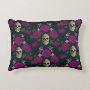 Dark Gothic Grungy Rose Vines Raven Skull pink Decorative Cushion