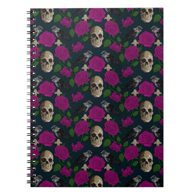 Dark Gothic Grungy Rose Vines Raven Skull pink Notebook (Front)
