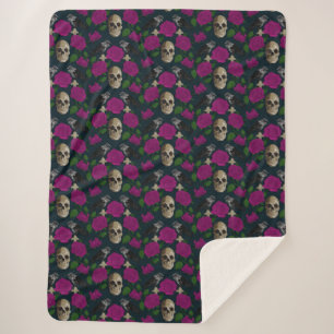 Dark Gothic Grungy Rose Vines Raven Skull pink Sherpa Blanket