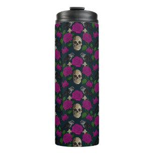 Dark Gothic Grungy Rose Vines Raven Skull pink Thermal Tumbler