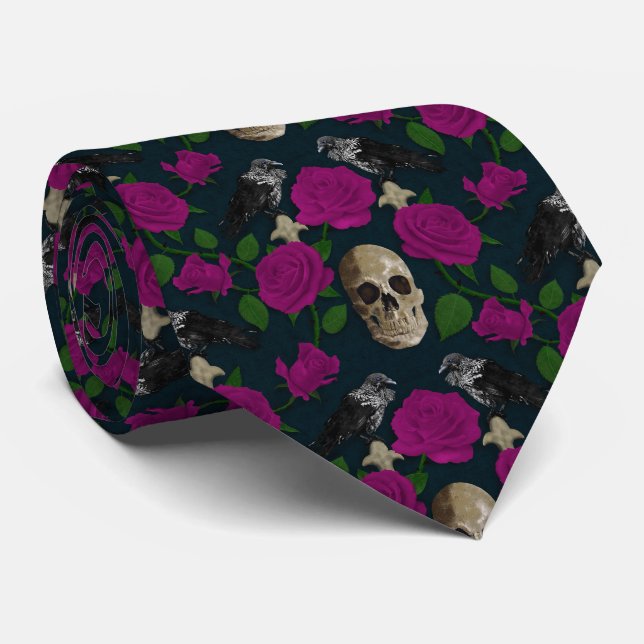 Dark Gothic Grungy Rose Vines Raven Skull pink Tie (Rolled)