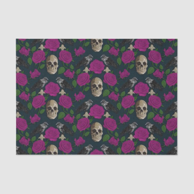 Dark Gothic Grungy Rose Vines Raven Skull pink Tissue Paper (Front)