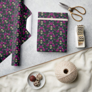 Dark Gothic Grungy Rose Vines Raven Skull pink Wrapping Paper