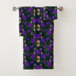 Dark Gothic Grungy Rose Vines Raven Skull purple Bath Towel Set