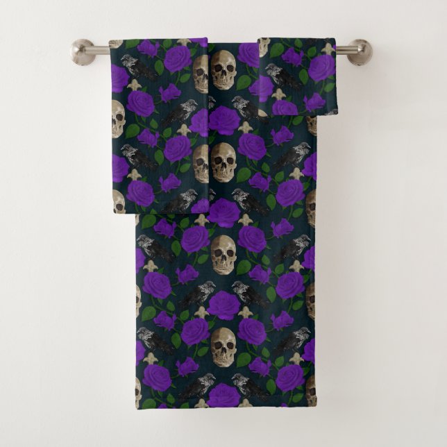 Dark Gothic Grungy Rose Vines Raven Skull purple Bath Towel Set (Insitu)