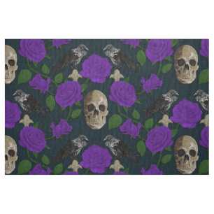 Dark Gothic Grungy Rose Vines Raven Skull Purple Fabric