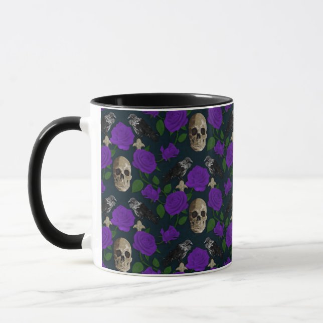 Dark Gothic Grungy Rose Vines Raven Skull purple Mug (Left)