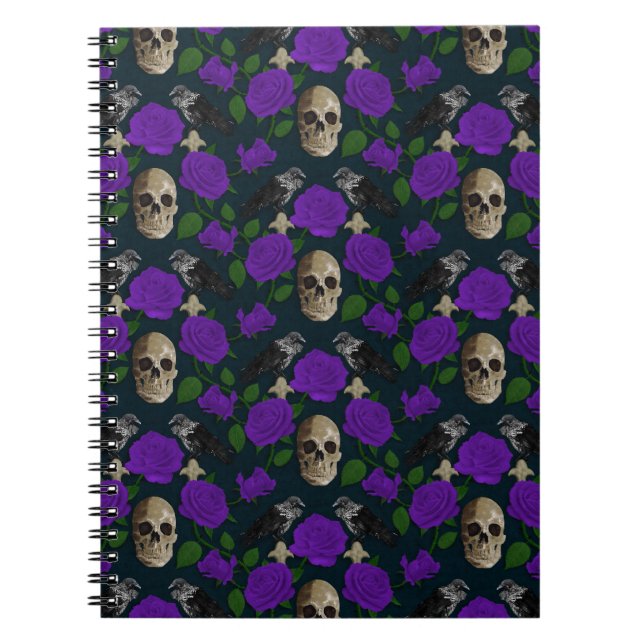 Dark Gothic Grungy Rose Vines Raven Skull purple Notebook (Front)
