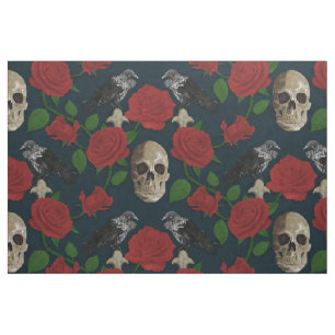 Dark Gothic Grungy Rose Vines Raven Skull Red Fabric