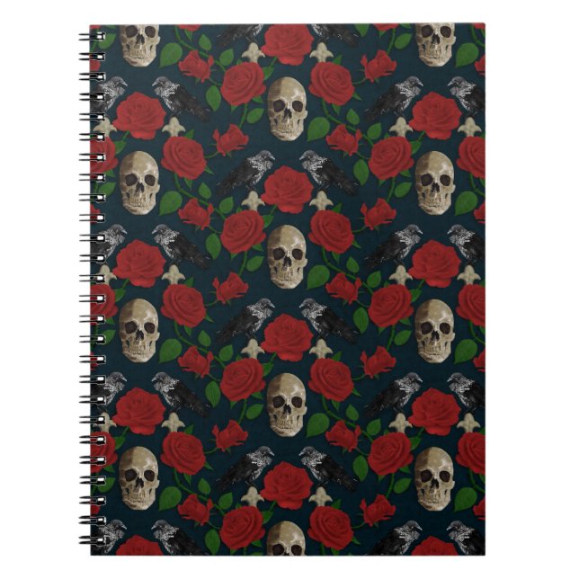 Dark Gothic Grungy Rose Vines Raven Skull red Notebook (Front)