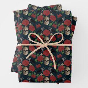 Dark Gothic Grungy Rose Vines Raven Skull Wrapping Paper Sheet