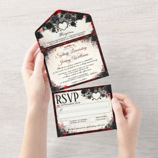 Dark Gothic Halloween Heart Wedding All In One Invitation