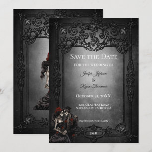 Dark Gothic Halloween wedding save the date Announcement