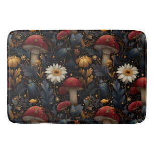 Dark Gothic Mushroom and Beetle Botanical Pattern Bath Mat