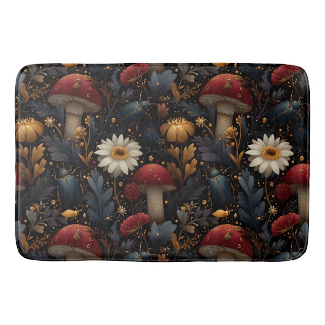 Dark Gothic Mushroom and Beetle Botanical Pattern Bath Mat (Front)