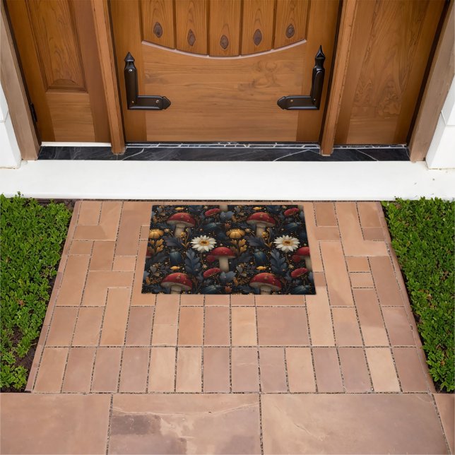 Dark Gothic Mushroom and Beetle Botanical Pattern Doormat (Outdoor)