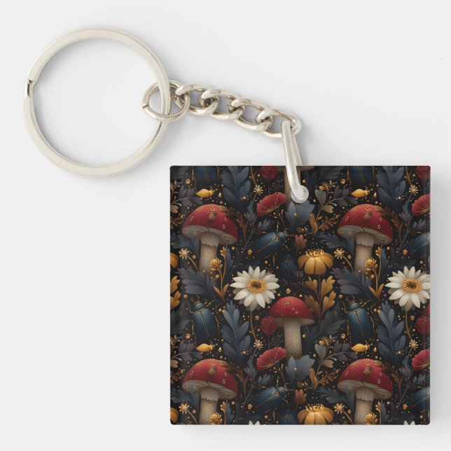Dark Gothic Mushroom and Beetle Botanical Pattern Key Ring (Front)