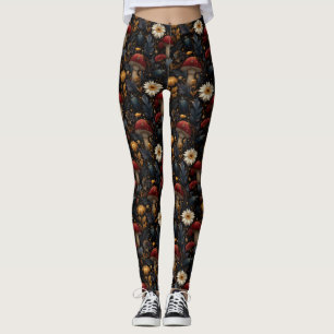 Dark Gothic Mushroom and Beetle Botanical Pattern Leggings