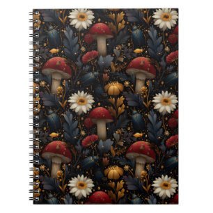 Dark Gothic Mushroom and Beetle Botanical Pattern Notebook