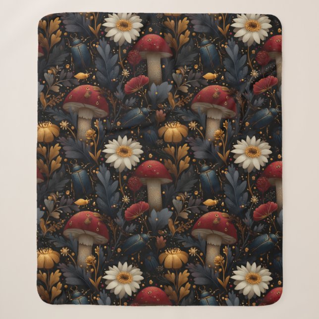 Dark Gothic Mushroom and Beetle Botanical Pattern Sherpa Blanket (Front)