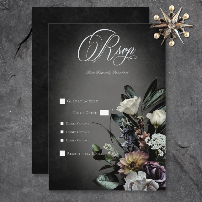 Dark Gothic Mysterious Muted Floral Blur Dinner RSVP Card (Dark Gothic Mysterious Muted Floral Blur Dinner RSVP Card)