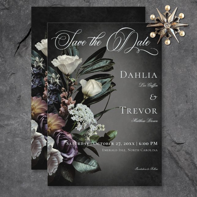Dark Gothic Mysterious Muted Floral Blur Wedding Save The Date (Dark Gothic Mysterious Muted Floral Blur Wedding Save The Date)