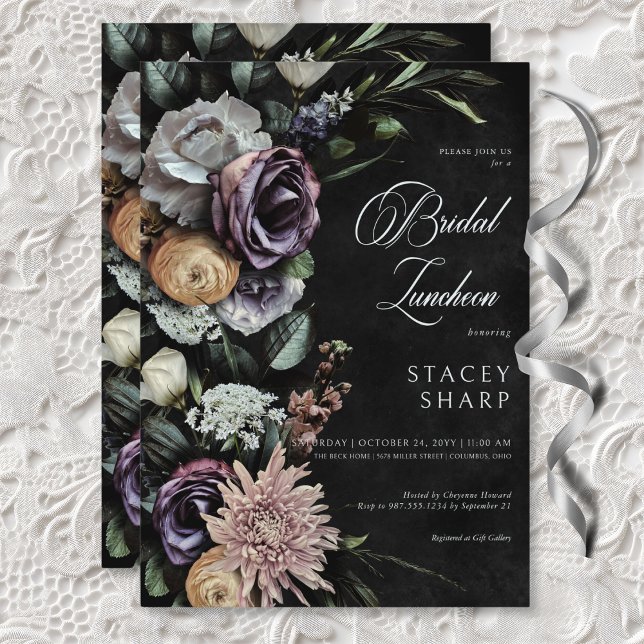 Dark Gothic Mysterious Muted Floral Bridal Lunch Invitation (Dark Gothic Mysterious Muted Floral Bridal Lunch Invitation)