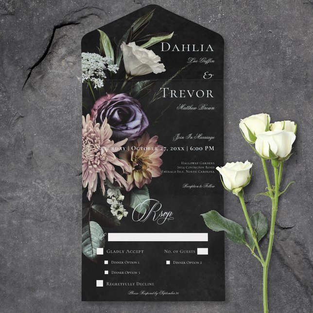 Dark Gothic Mysterious Muted Floral Dinner All In One Invitation (Dark Gothic Mysterious Muted Floral Dinner All In One Invitation)
