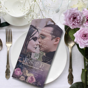 Dark Gothic Purple Lavender Floral QR Code Photo All In One Invitation