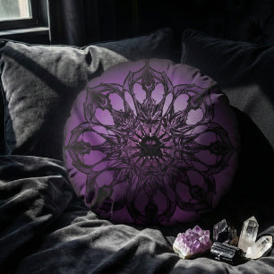 Dark Gothic Purple Mandala Mystical Round Cushion
