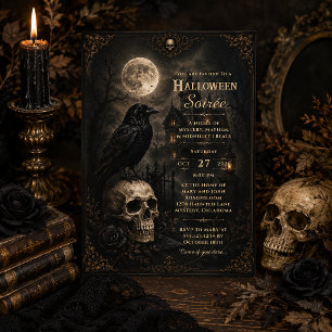 Dark Gothic Raven Skull Mansion Halloween Party Invitation