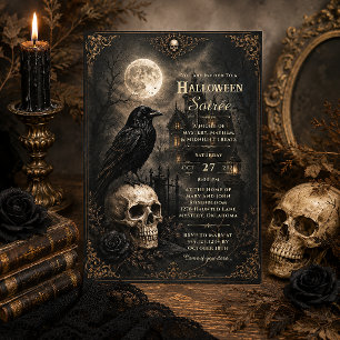 Dark Gothic Raven Skull Mansion Halloween Party Invitation