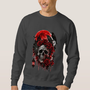 Dark Gothic Raven Skull with Crimson Roses Hallowe Sweatshirt