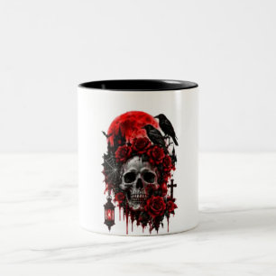 Dark Gothic Raven Skull with Crimson Roses Hallowe Two-Tone Coffee Mug