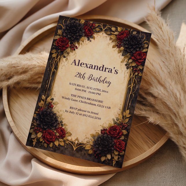 Dark Gothic Red Floral Birthday Celebration Invitation (Creator Uploaded)