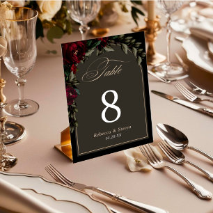 Dark gothic red green floral moody wedding table number