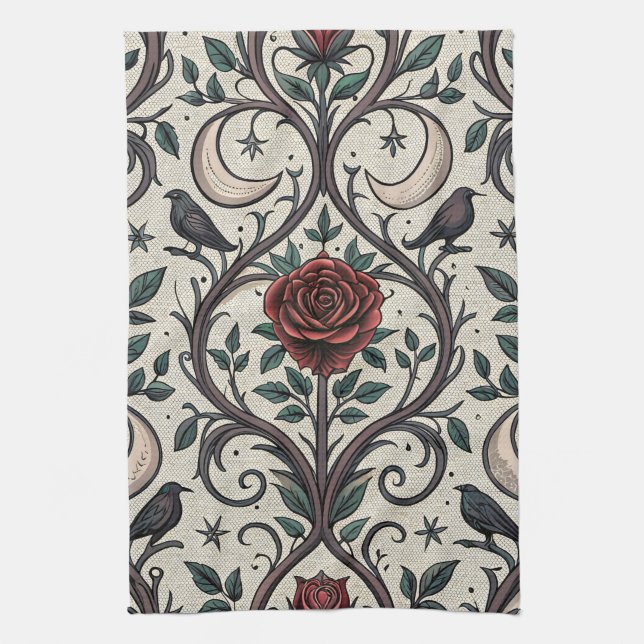 Dark Gothic Rose Pattern (1) Tea Towel (Vertical)