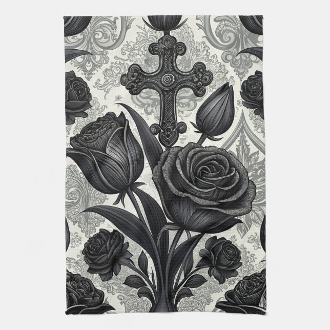 Dark Gothic Rose Pattern (2) Tea Towel (Vertical)