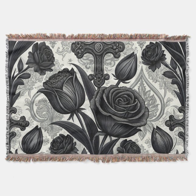 Dark Gothic Rose Pattern (2) Throw Blanket (Front)