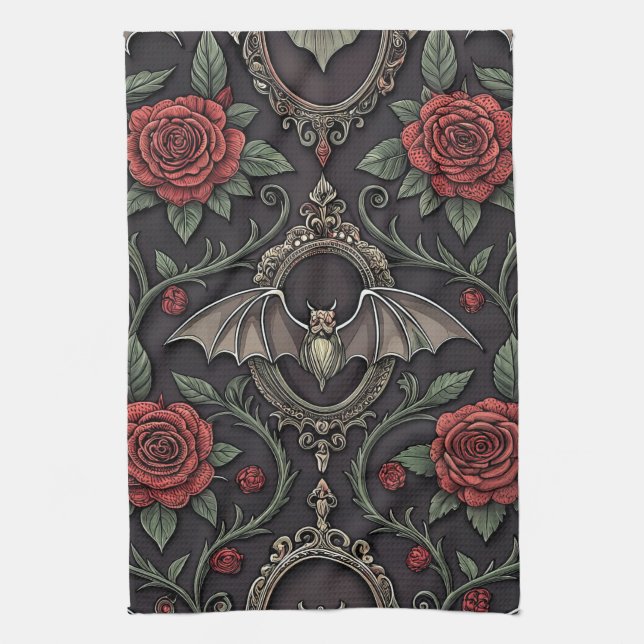 Dark Gothic Rose Pattern (4) Tea Towel (Vertical)