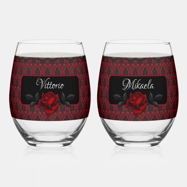 Dark Gothic Rose Wedding Stemless Wine Glass (Front)