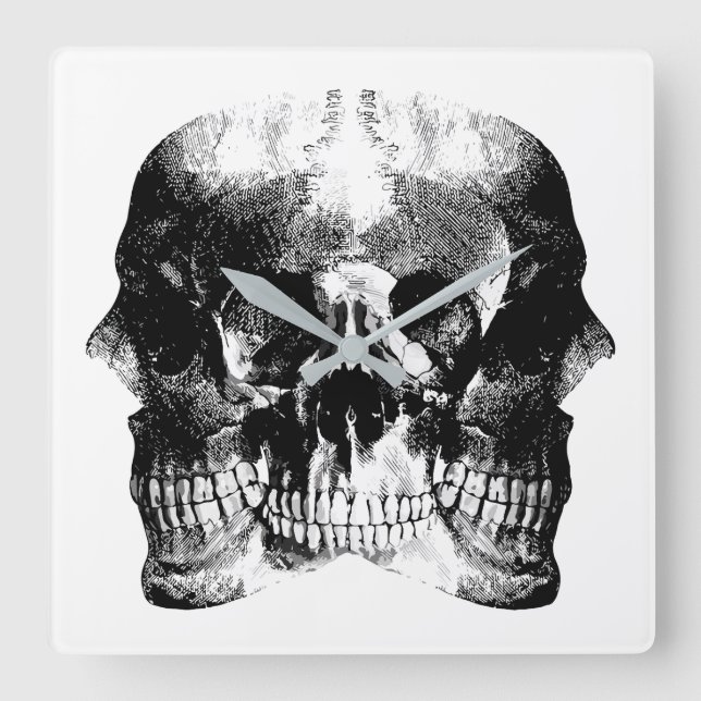 Dark Gothic Skull Art Square Wall Clock (Front)