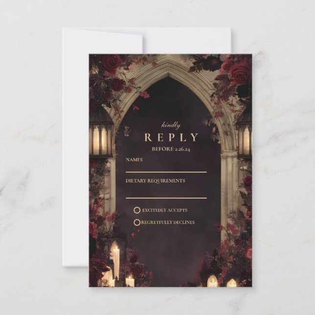 Dark Gothic Skull Floral Wedding RSVP Card (Front)