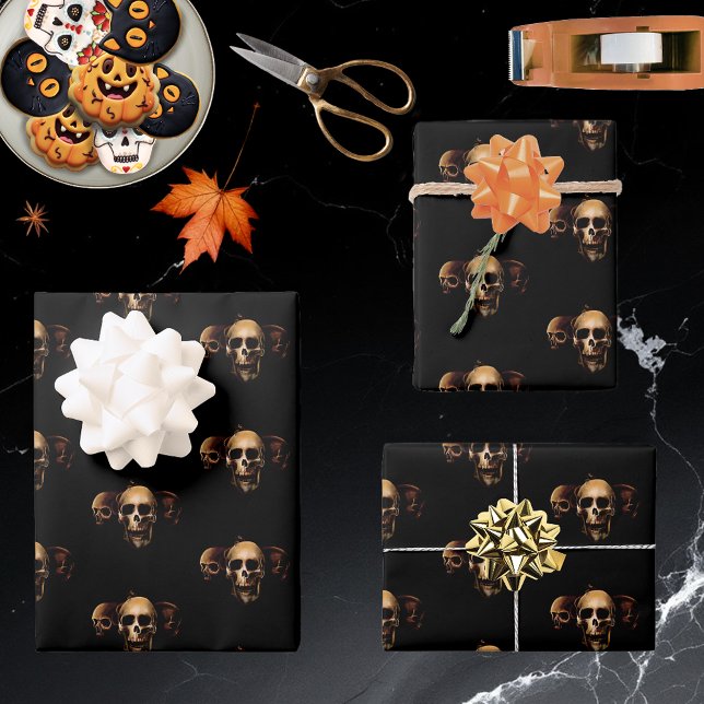 Dark Gothic Skulls Human Black Trio Creature Wrapping Paper Sheet (Creator Uploaded)