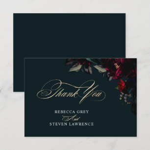 Dark gothic turquoise red floral moody wedding thank you card