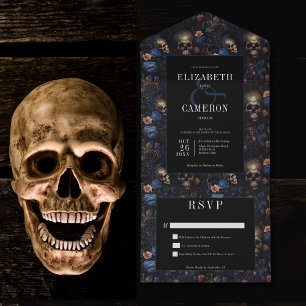 Dark Gothic Vintage Blue Floral & Skulls No Dinner All In One Invitation