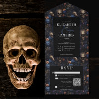 Dark Gothic Vintage Blue Floral & Skulls QR Code